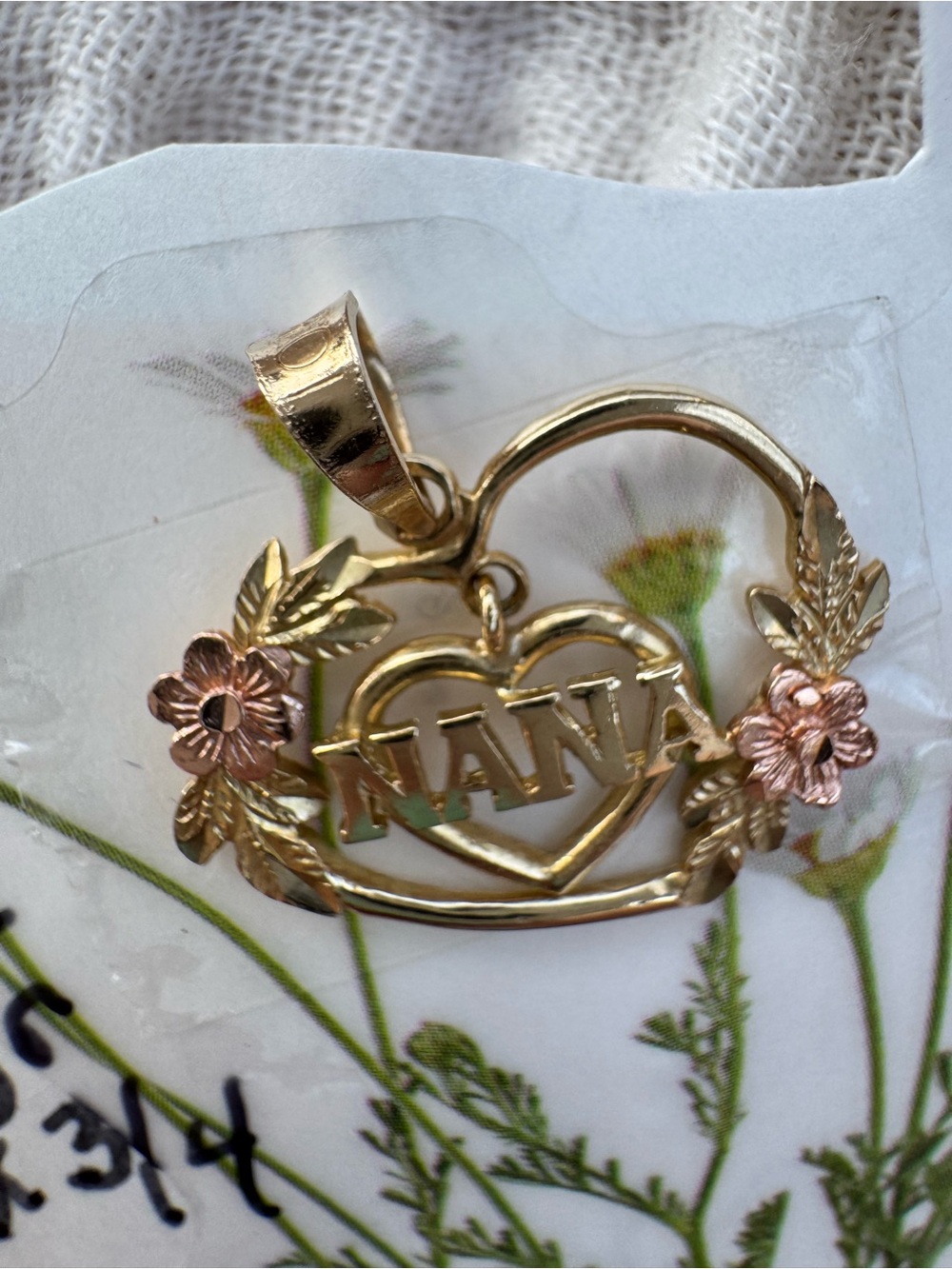 10k stamped and acid tested NaNa Gold Heart Pendant with Pink Flower Accents